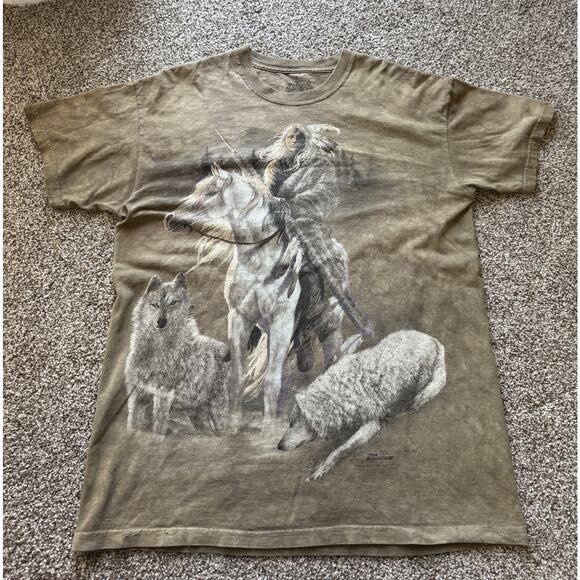 The Mountain Other - Vintage Mountain Shirt Mens L Brown Native American Wolf Art 2003 Tie Dye
